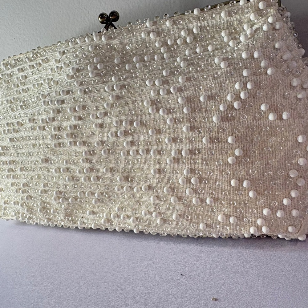Authentic Vintage Mid Century Clutch Evening Bag Small Ivory Corde-Bead Lumered